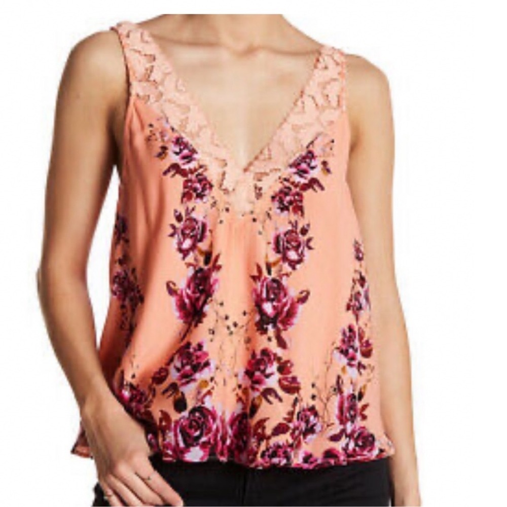 Free People Morning Rose Lace Cami Peach Floral Boho XS